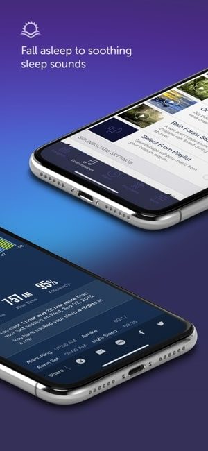 Screenshot of the Sleep Time app for iOS with a picture of two smartphone screens and text saying "Fall asleep to soothing sleep sounds"