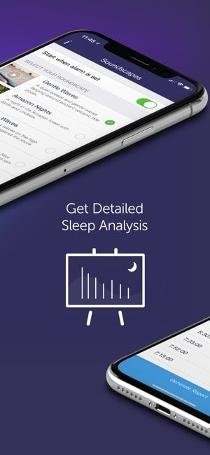 Screenshot of the Sleep Time app for iOS with a picture showing two smartphone screens and text saying "Get Detailed Sleep Analysis"