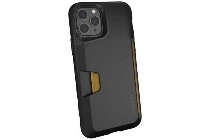 Photo shows the rear view of an iPhone 11 Pro in a black Wallet Slayer case from Smartish, with credit card slots