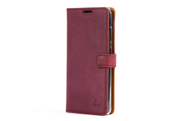 Photo shows a Samsung Galaxy S20 phone in a plum leather Snakehive vintage leather wallet case
