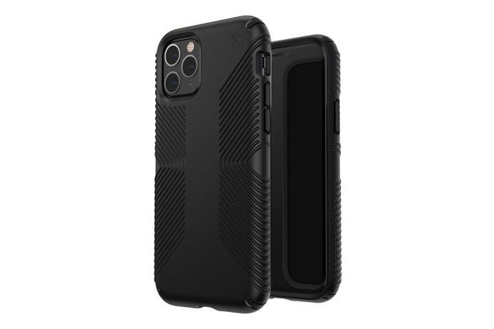 Photo shows the iPhone 11 Pro in a black bumper case from Speck