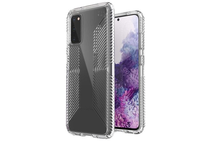 Photo shows the front and back of the Samsung Galaxy S20 phone in a clear case from Speck