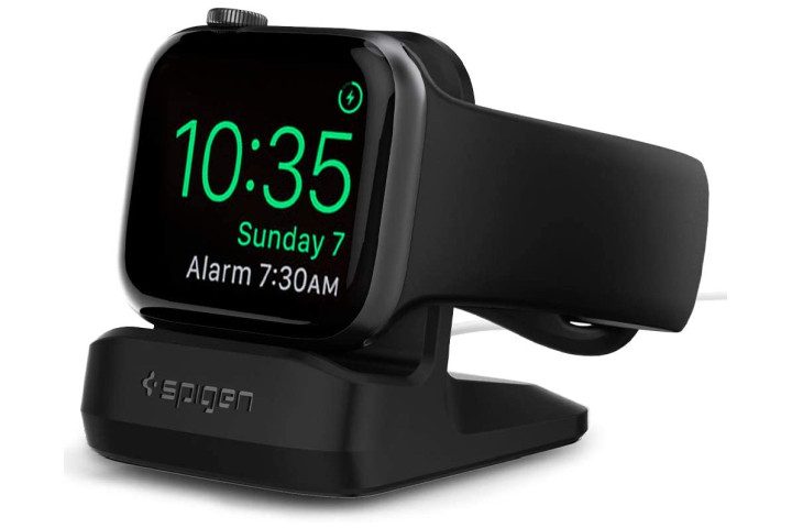 Photo shows an Apple Watch in a black Spigen stand
