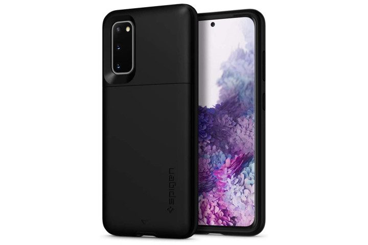 Photo shows the Samsung Galaxy S20 phone in a black slim armor case from Spigen