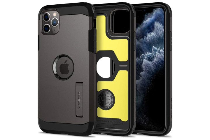 Photo shows an iPhone 11 Pro phone in a gunmetal grey Tough Armor case from Spigen