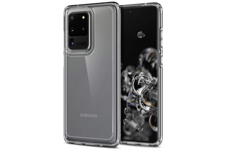 Photo shows the front and back view of a Samsung Galaxy S20 Ultra in a clear Ultra Hybrid case from Spigen