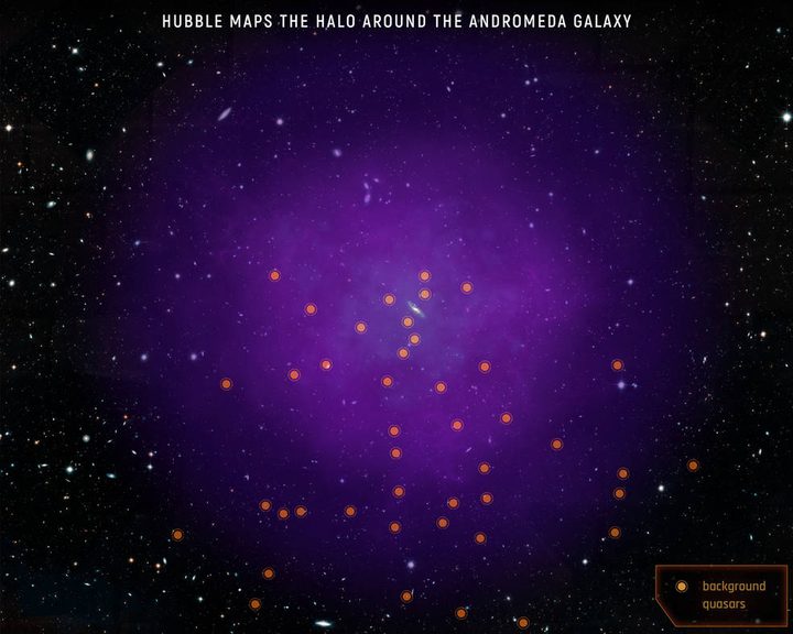 This illustration shows the location of the 43 quasars scientists used to probe Andromeda’s gaseous halo