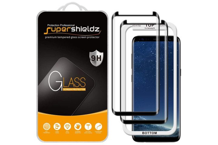 Photo shows the Samsung Galaxy S8 phone with a tempered glass screen protector and a Supershieldz box