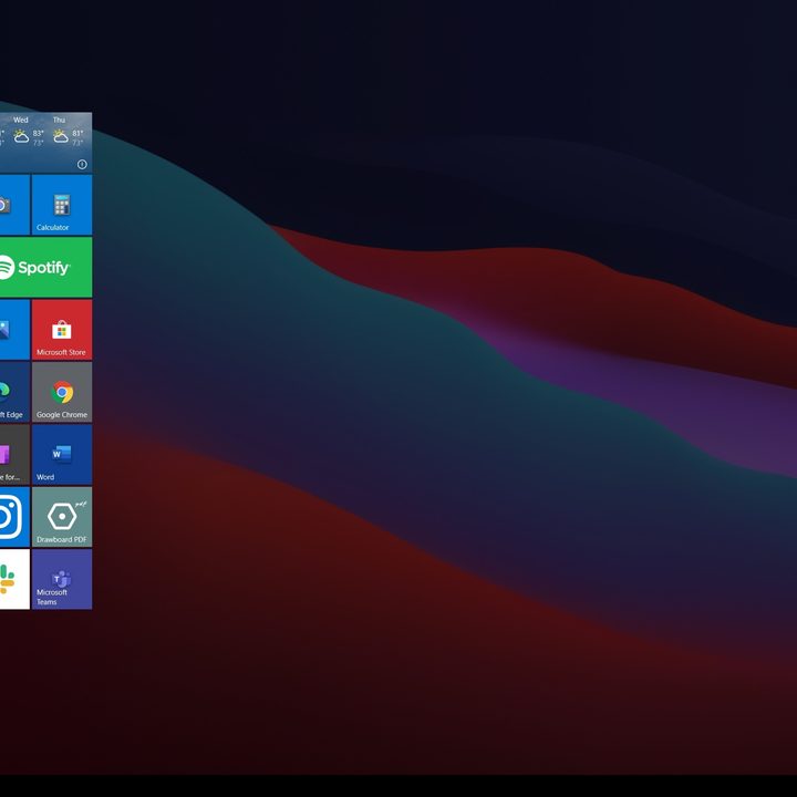The Windows 10 tablet mode, open with live tiles and apps, with the start menu