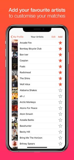 Screenshot of the Tastebuds app showing how to add your favorite artists