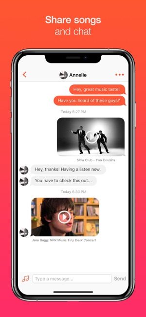 Screenshot of the Tastebuds app showing how to share songs and chat