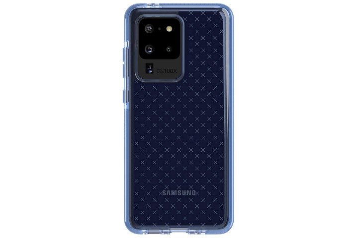 Photo shows the Samsung Galaxy S20 Ultra in a clear Evo Check case from Tech21
