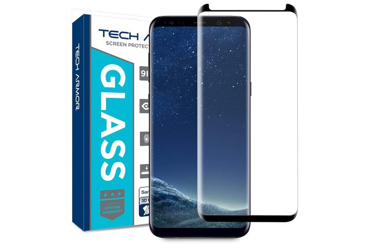 Photo shows the Samsung Galaxy S8 phone with a Tech Armor glass screen protector and the box for the product in the background