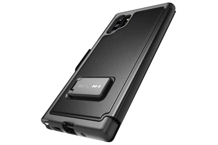 Photo shows the Galaxy Note 10 in a black keyboard case from Tech 21