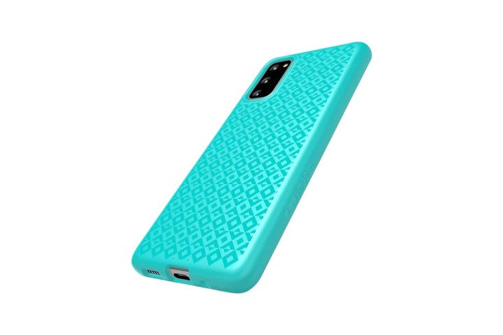 Photo shows a Samsung Galaxy S20 phone in an aqua coloured Tech 21 Studio Design case