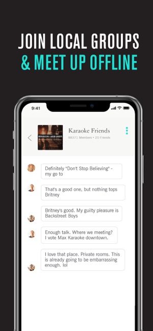 Image shows a screenshot of the League app with text saying join local groups and meetup offline
