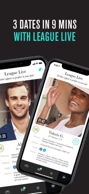 Image shows a screenshot of The League app with text saying 3 dates in 9 minutes with League Live