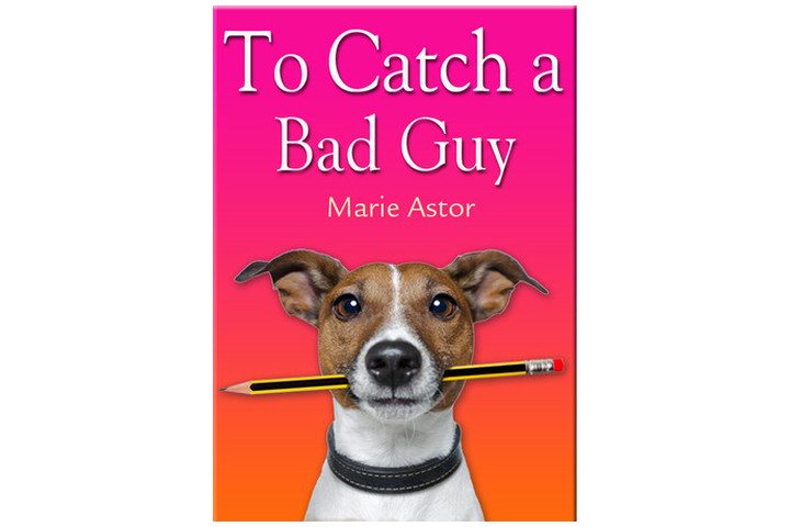 Book cover in orange and pink with a picture of a dog holding a pencil in its mouth