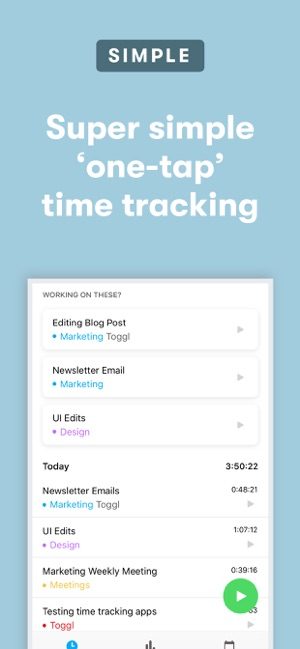 Screenshot of the Toggl app showing one-tap time tracking
