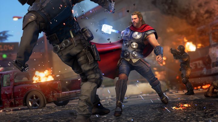 Thor fights on the Golden Gate Bridge in Marvel's Avengers