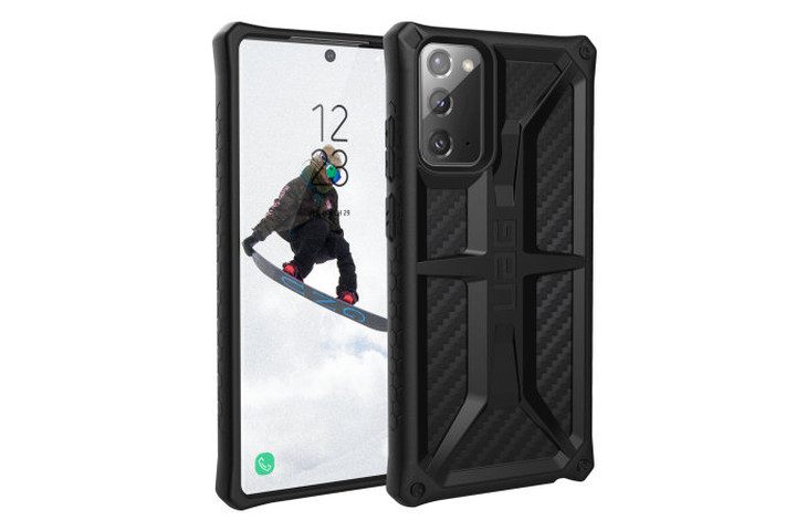 Photo shows the front and back view of a Samsung Galaxy Note 20 in a Monarch carbon fiber case from Urban Armor Gear in black
