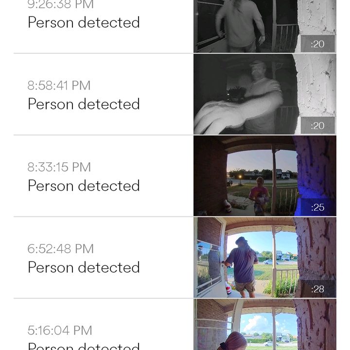 Screenshot of the Vivint camera events