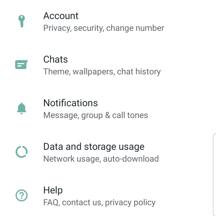 Screenshot of WhatsApp showing the settings menu