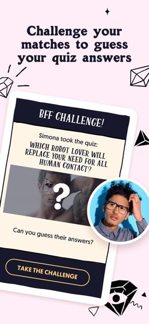 Screenshot of the XO app with a picture of matches and text saying "Challenge your match to guess your quiz answers"