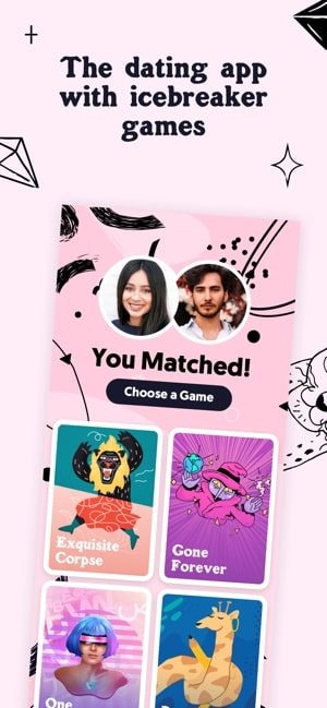 Screenshot of the XO app showing two profiles which have matched and text which says "The dating app with icebreaker games"
