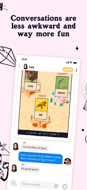 Screenshot of the XO app with pictures of games and text which says "Conversations are less awkward and way more fun"
