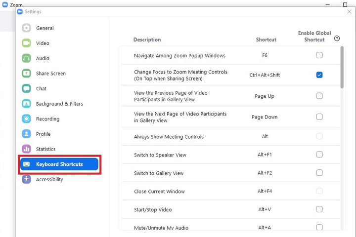 Zoom keyboard shortcuts settings menu screenshot