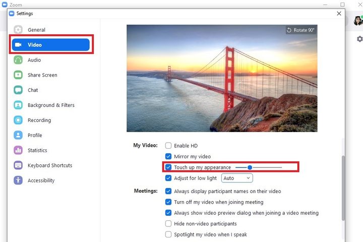 Zoom touch up appearance settings screenshot