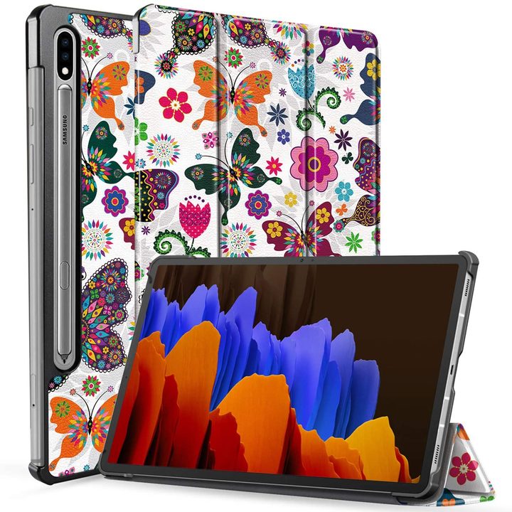 Neepanda Trifold Case for the Samsung Galaxy Tab S7 Plus in white with colorful butterfly design.