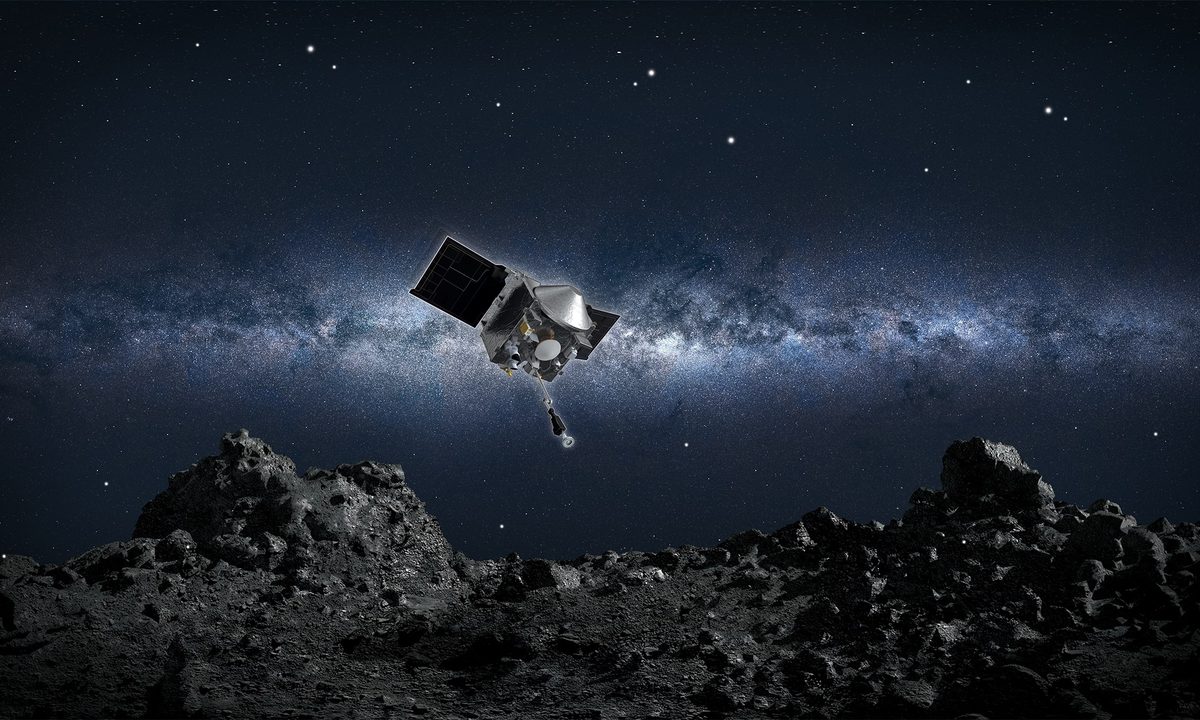 This artist’s concept shows NASA’s OSIRIS-REx spacecraft descending towards asteroid Bennu to collect a sample of the asteroid’s surface.