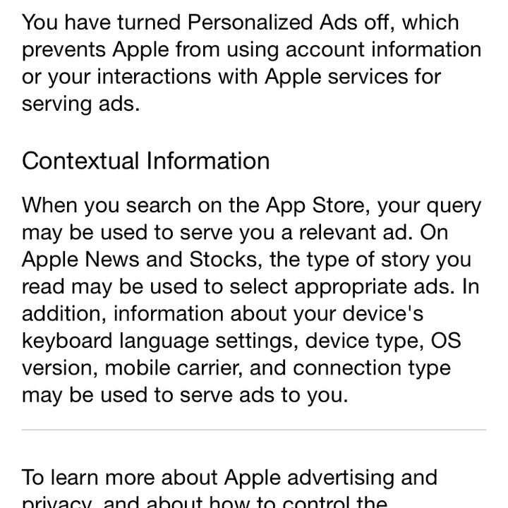 iOS 14 advertising tracking controls information.