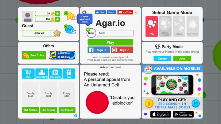 The home page for Agar.io, showing various game modes, special items, purchasable credits and the Play button.