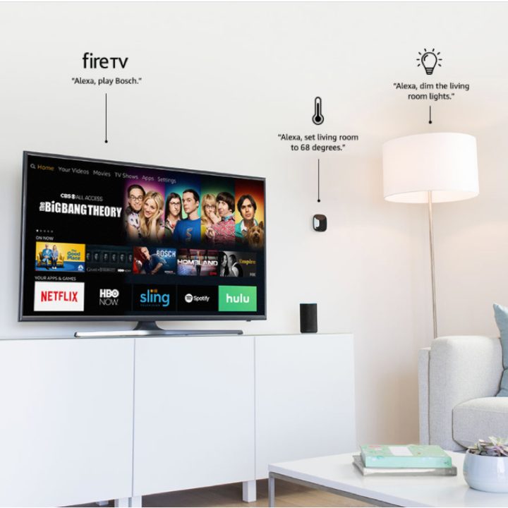 Alexa for Residential program is illustrated in a living room setup featuring FireTV, a smart thermostat, and smart lights being controlled by Alexa.
