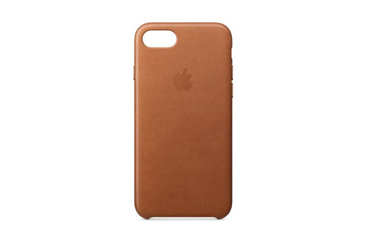 Photo shows the Apple leather case in saddle brown for the iPhone 7, with the Apple logo on the back