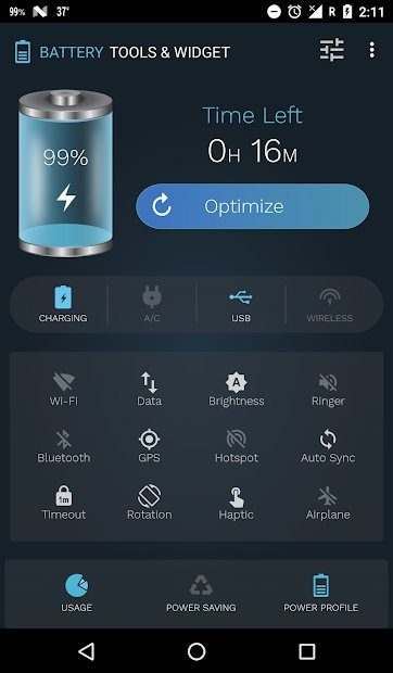 Battery Tools & Widget for Android app showing battery capacity and other options.