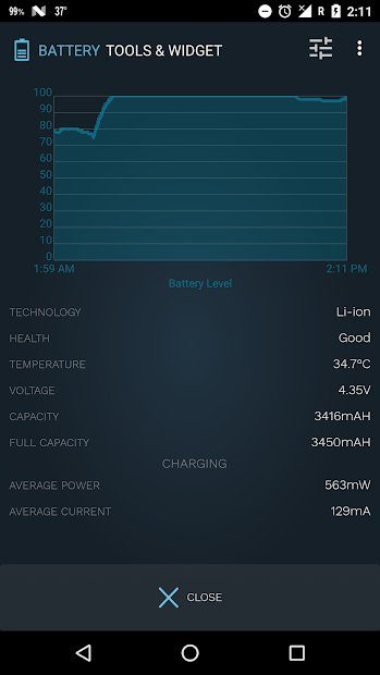 Battery Tools & Widget for Android app showing battery information.