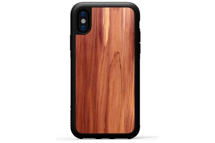 Photo shows the rear view of an iPhone XS in a red cedar wood case from Carved