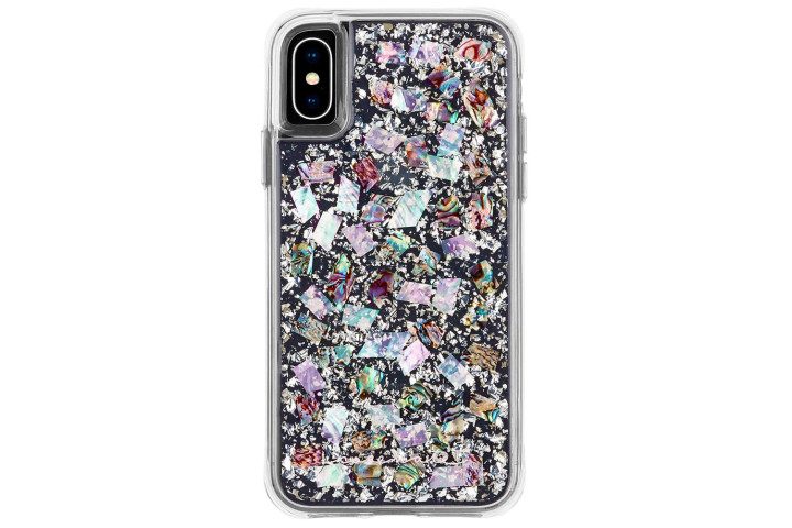 Photo shows the rear view of an iPhone XS in a mother of pearl case