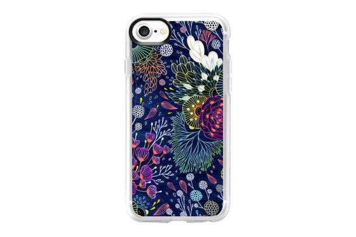 Photo shows a clear case with a dark floral print on an iphone 7