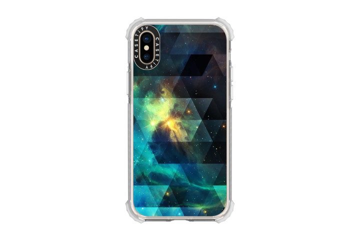 Picture shows the iPhone XS in a galactic blue, green, yellow and black space-themed design case from Casetify