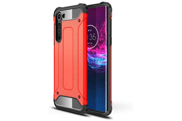 Photo shows the Motorola Edge phone in a red and black rugged case