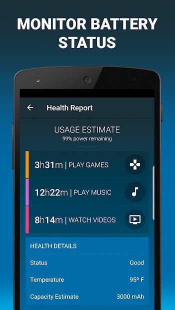 Dfndr app with a chart showing breakdown of where your battery usage is going and text saying to monitor battery status.