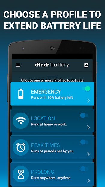 Dfndr app with a range of profiles and text saying choose a profile to extend battery life.