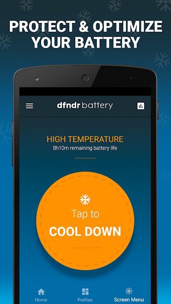 Dfndr battery app showing text that says to protect and optimize your battery. Underneath is an orange circle with text above it saying there’s a high temperature and giving the option to tap to cool down.