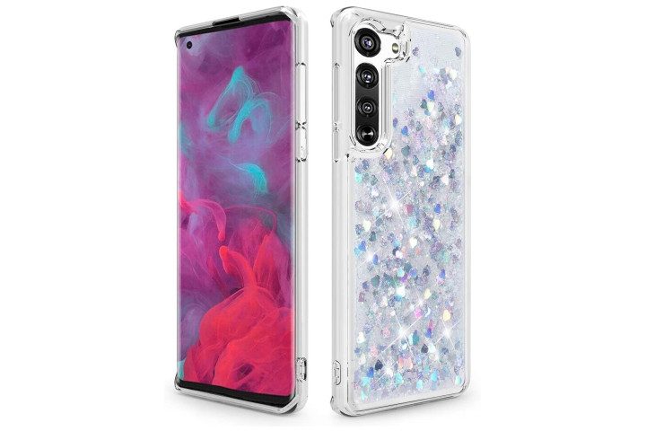 Photo shows the front and rear view of a Motorola Edge phone in a clear and silver glitter case