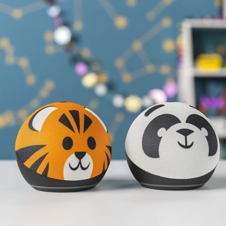 Two Echo Dots for children are placed side by side.